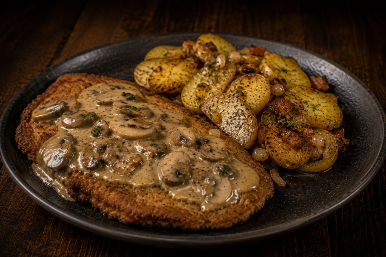 Kalbsschnitzel mit Champignonsauce – Balkan-Spezialität vom Holzkohlegrill im Balkan Grill Pešter in Mainz